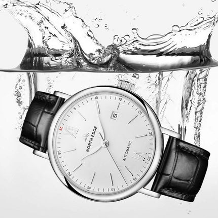 NORTH EDGE AMOY Multifunctional Business Men's Watch Waterproof Leather Mechanical Watch(Silver Needle)-garmade.com