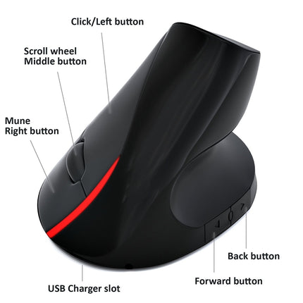 HXSJ A889 6 Keys 2400DPI 2.4GHz Vertical Wireless Mouse Rechargeable(Black)-garmade.com