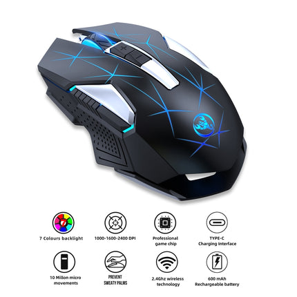 HXSJ T300 7 Keys 2400DPI 2.4G Colorful Luminous Wireless Mouse(Black)-garmade.com