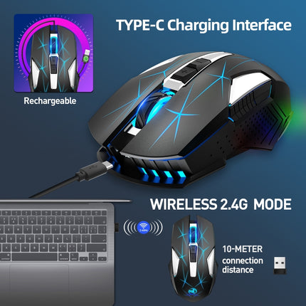 HXSJ T300 7 Keys 2400DPI 2.4G Colorful Luminous Wireless Mouse(Black)-garmade.com