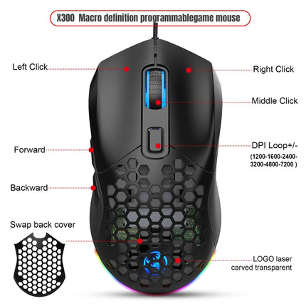 HXSJ X300 7200DPI RGB Backlight Interchangeable Back Cover Hole Gaming Wired Mouse(Black)-garmade.com