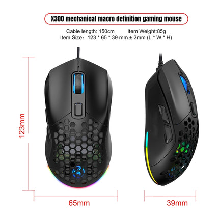 HXSJ X300 7200DPI RGB Backlight Interchangeable Back Cover Hole Gaming Wired Mouse(Black)-garmade.com