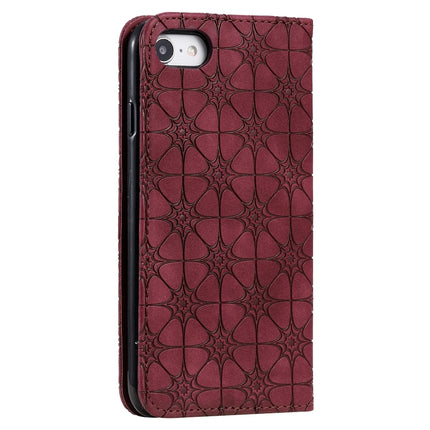 For iPhone SE 2020 / 8 / 7 Lucky Flowers Embossing Pattern Magnetic Horizontal Flip Leather Case with Holder & Card Slots(Wine Red)-garmade.com