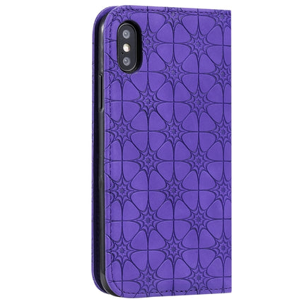 For iPhone X / XS Lucky Flowers Embossing Pattern Magnetic Horizontal Flip Leather Case with Holder & Card Slots(Purple)-garmade.com
