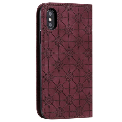 For iPhone X / XS Lucky Flowers Embossing Pattern Magnetic Horizontal Flip Leather Case with Holder & Card Slots(Wine Red)-garmade.com