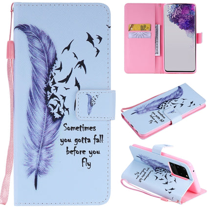 For Galaxy S20 Ultra Painting Horizontal Flip Leather Case with Holder & Card Slot & Lanyard(Feather)-garmade.com