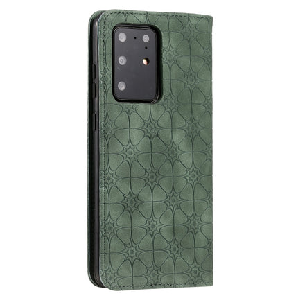 For Galaxy S20 Ultra Lucky Flowers Embossing Pattern Magnetic Horizontal Flip Leather Case with Holder & Card Slots(Dark Green)-garmade.com