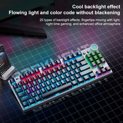 AULA F3001 Backlit 87 Keys Wired/Wireless/Bluetooth Three Model Mechanical Gaming Keyboard(Silver White Tea Shaft)-garmade.com