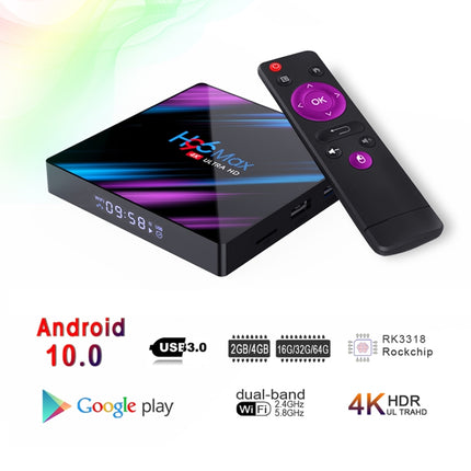 H96 Max-3318 4K Ultra HD Android TV Box with Remote Controller, Android 10.0, RK3318 Quad-Core 64bit Cortex-A53, 2GB+16GB, Support TF Card / USBx2 / AV / Ethernet, Plug Specification:UK Plug-garmade.com