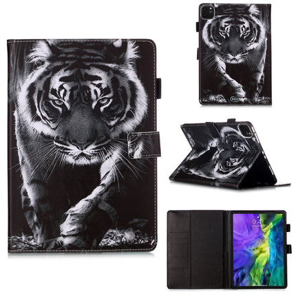 For iPad Pro 11 (2020) Plain Weave Texture Colored Drawing Horizontal Flip Leather Tablet Case, with Sleep / Wake-up Function & Holder & Card Slo & Wallet(Black White Tiger)-garmade.com