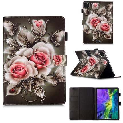 For iPad Pro 11 (2020) Plain Weave Texture Colored Drawing Horizontal Flip Leather Tablet Case, with Sleep / Wake-up Function & Holder & Card Slo & Wallet(Rose On Black)-garmade.com