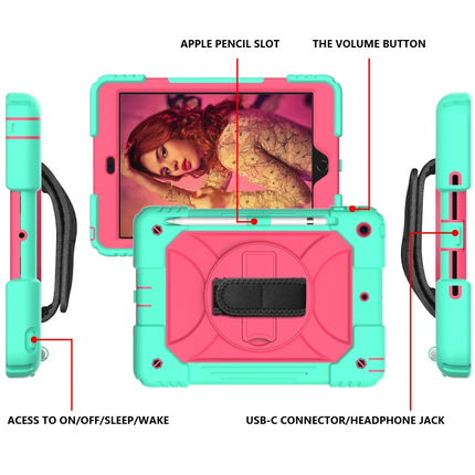 For iPad 10.2 Shockproof PC + Silicone Combination Case with Holder & Hand Strap & Shoulder Strap(Mint Green + Rose Red)-garmade.com