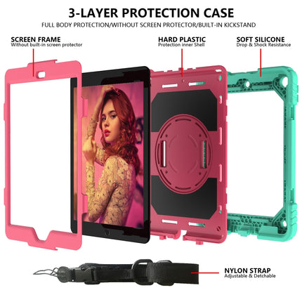 For iPad 10.2 Shockproof PC + Silicone Combination Case with Holder & Hand Strap & Shoulder Strap(Mint Green + Rose Red)-garmade.com