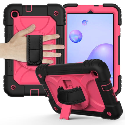 For Samsung Galaxy Tab A 8.4 (2020) Shockproof PC + Silicone Combination Case with Holder & Hand Strap & Shoulder strap(Black + Rose Red)-garmade.com