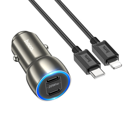 hoco Z48 Tough 40W Dual USB-C / Type-C Port Car Charger with Type-C to 8 Pin Cable(Metal Grey)-garmade.com