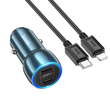 hoco Z48 Tough 40W Dual USB-C / Type-C Port Car Charger with Type-C to 8 Pin Cable(Sapphire Blue)-garmade.com