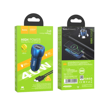 hoco Z48 Tough 40W Dual USB-C / Type-C Port Car Charger with Type-C to 8 Pin Cable(Sapphire Blue)-garmade.com