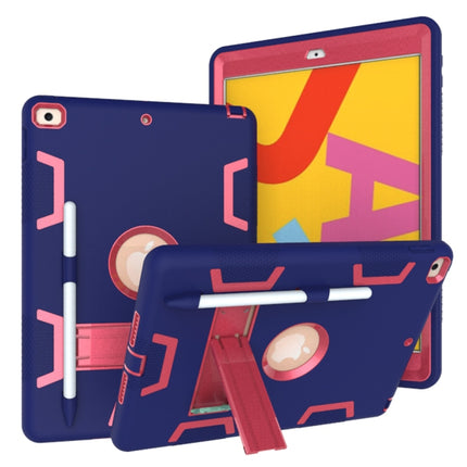 For iPad 10.2 Shockproof PC + Silicone Protective Case with Holder & Pen Slot(Navy Blue + Rose Red)-garmade.com