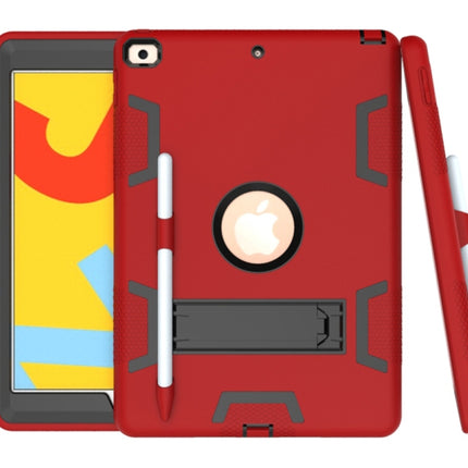 For iPad 10.2 Shockproof PC + Silicone Protective Case with Holder & Pen Slot(Red+Black)-garmade.com