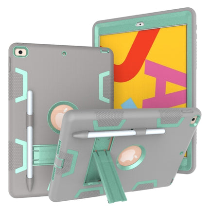 For iPad 10.2 Shockproof PC + Silicone Protective Case with Holder & Pen Slot(Gray + Mint Green)-garmade.com