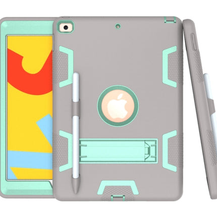 For iPad 10.2 Shockproof PC + Silicone Protective Case with Holder & Pen Slot(Gray + Mint Green)-garmade.com