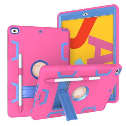 For iPad 10.2 Shockproof PC + Silicone Protective Case with Holder & Pen Slot(Rose Red+Blue)-garmade.com