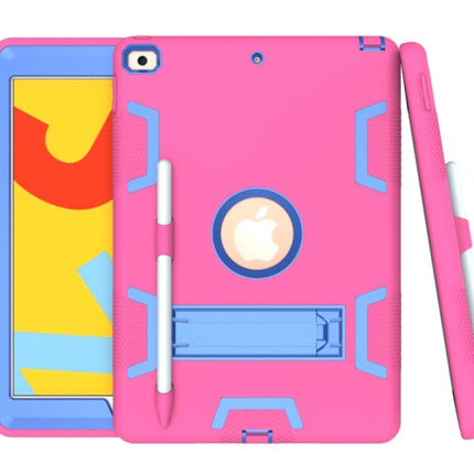 For iPad 10.2 Shockproof PC + Silicone Protective Case with Holder & Pen Slot(Rose Red+Blue)-garmade.com