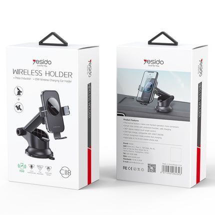 Yesido C118 15W Car Wireless Fast Charger Smart Induction Suction Cup Phone Holder(Black)-garmade.com