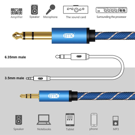 EMK 3.5mm Jack Male to 6.35mm Jack Male Gold Plated Connector Nylon Braid AUX Cable for Computer / X-BOX / PS3 / CD / DVD, Cable Length:3m(Dark Blue)-garmade.com