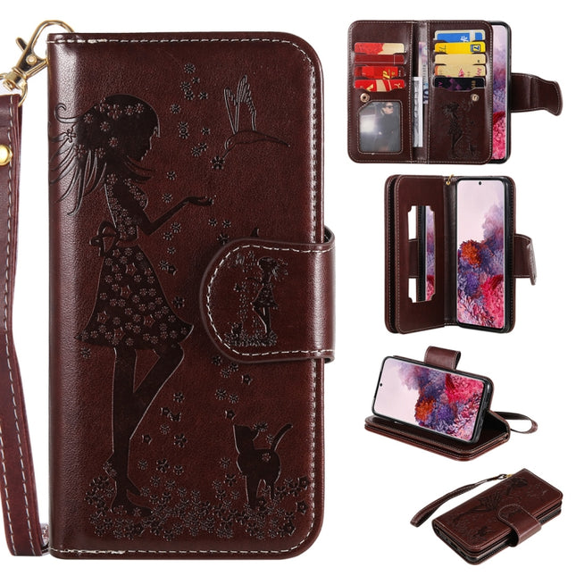 For Samsung Galaxy S20 Woman and Cat Embossed Horizontal Flip Leather Case, with Card Slots & Holder & Wallet & Photo Frame & Mirror & Lanyard(Brown)-garmade.com