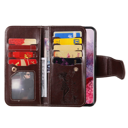 For Samsung Galaxy S20 Woman and Cat Embossed Horizontal Flip Leather Case, with Card Slots & Holder & Wallet & Photo Frame & Mirror & Lanyard(Brown)-garmade.com