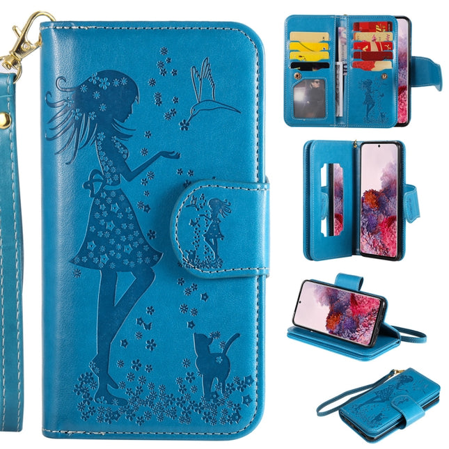 For Samsung Galaxy S20 Woman and Cat Embossed Horizontal Flip Leather Case, with Card Slots & Holder & Wallet & Photo Frame & Mirror & Lanyard(Blue)-garmade.com