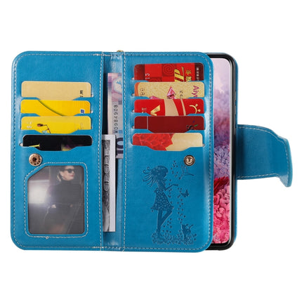 For Samsung Galaxy S20 Woman and Cat Embossed Horizontal Flip Leather Case, with Card Slots & Holder & Wallet & Photo Frame & Mirror & Lanyard(Blue)-garmade.com