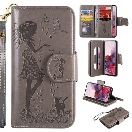 For Samsung Galaxy S20 Woman and Cat Embossed Horizontal Flip Leather Case, with Card Slots & Holder & Wallet & Photo Frame & Mirror & Lanyard(Grey)-garmade.com