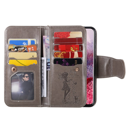 For Samsung Galaxy S20 Woman and Cat Embossed Horizontal Flip Leather Case, with Card Slots & Holder & Wallet & Photo Frame & Mirror & Lanyard(Grey)-garmade.com