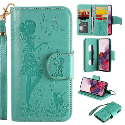 For Samsung Galaxy S20 Woman and Cat Embossed Horizontal Flip Leather Case, with Card Slots & Holder & Wallet & Photo Frame & Mirror & Lanyard(Green)-garmade.com