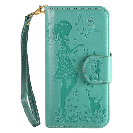 For Samsung Galaxy S20 Woman and Cat Embossed Horizontal Flip Leather Case, with Card Slots & Holder & Wallet & Photo Frame & Mirror & Lanyard(Green)-garmade.com