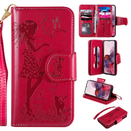 For Samsung Galaxy S20 Woman and Cat Embossed Horizontal Flip Leather Case, with Card Slots & Holder & Wallet & Photo Frame & Mirror & Lanyard(Red)-garmade.com