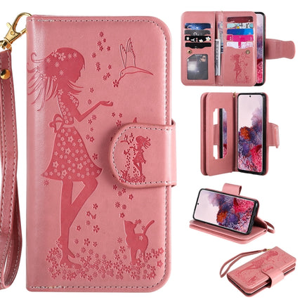 For Samsung Galaxy S20 Woman and Cat Embossed Horizontal Flip Leather Case, with Card Slots & Holder & Wallet & Photo Frame & Mirror & Lanyard(Pink)-garmade.com