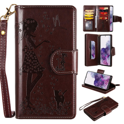 For Samsung Galaxy S20+ Woman and Cat Embossed Horizontal Flip Leather Case, with Card Slots & Holder & Wallet & Photo Frame & Mirror & Lanyard(Brown)-garmade.com