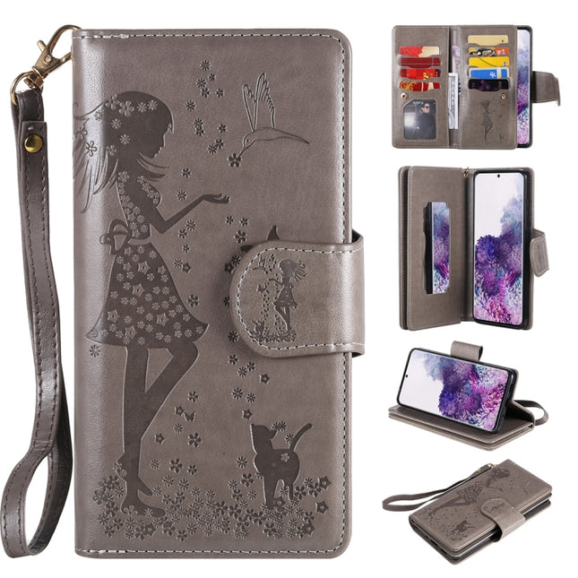 For Samsung Galaxy S20+ Woman and Cat Embossed Horizontal Flip Leather Case, with Card Slots & Holder & Wallet & Photo Frame & Mirror & Lanyard(Grey)-garmade.com