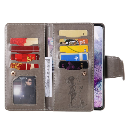 For Samsung Galaxy S20+ Woman and Cat Embossed Horizontal Flip Leather Case, with Card Slots & Holder & Wallet & Photo Frame & Mirror & Lanyard(Grey)-garmade.com