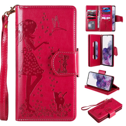 For Samsung Galaxy S20+ Woman and Cat Embossed Horizontal Flip Leather Case, with Card Slots & Holder & Wallet & Photo Frame & Mirror & Lanyard(Red)-garmade.com