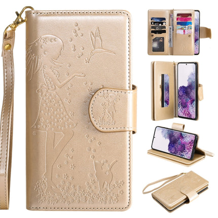 For Samsung Galaxy S20+ Woman and Cat Embossed Horizontal Flip Leather Case, with Card Slots & Holder & Wallet & Photo Frame & Mirror & Lanyard(Gold)-garmade.com