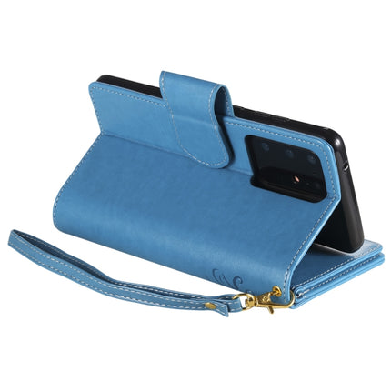 For Samsung Galaxy S20 Ultra Woman and Cat Embossed Horizontal Flip Leather Case, with Card Slots & Holder & Wallet & Photo Frame & Mirror & Lanyard(Blue)-garmade.com