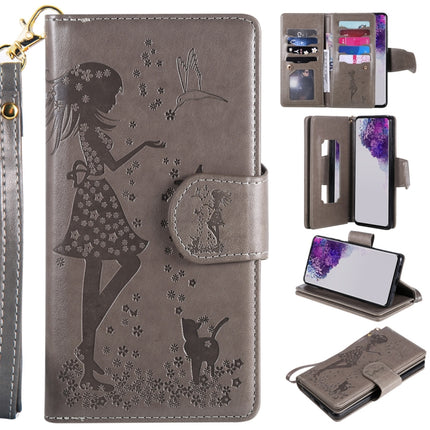 For Samsung Galaxy S20 Ultra Woman and Cat Embossed Horizontal Flip Leather Case, with Card Slots & Holder & Wallet & Photo Frame & Mirror & Lanyard(Grey)-garmade.com