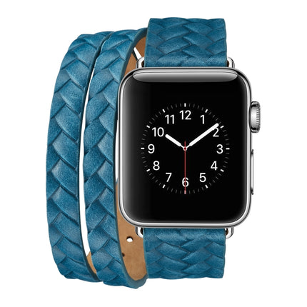 For Apple Watch Series 6 & SE & 5 & 4 40mm / 3 & 2 & 1 38mm Top-grain Leather Embossed Crown Watchband(Blue)-garmade.com