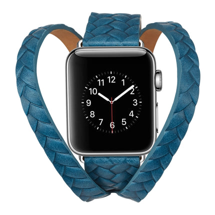 For Apple Watch Series 6 & SE & 5 & 4 44mm / 3 & 2 & 1 42mm Top-grain Leather Embossed Crown Watchband(Blue)-garmade.com