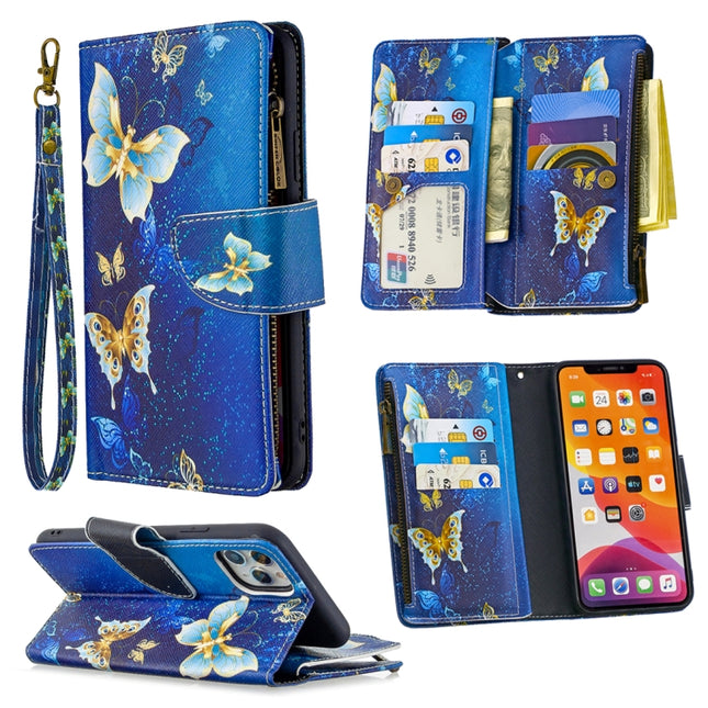 For iPhone 11 Pro Max Colored Drawing Pattern Zipper Horizontal Flip Leather Case with Holder & Card Slots & Wallet(Golden Butterfly)-garmade.com
