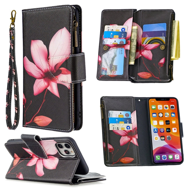 For iPhone 11 Pro Max Colored Drawing Pattern Zipper Horizontal Flip Leather Case with Holder & Card Slots & Wallet(Lotus)-garmade.com